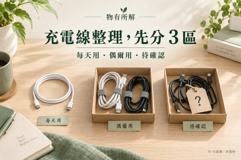 充電線依每天用、偶爾用、待確認分成三區，置於木質桌面與紙盒中。AI 示意圖，非實拍。