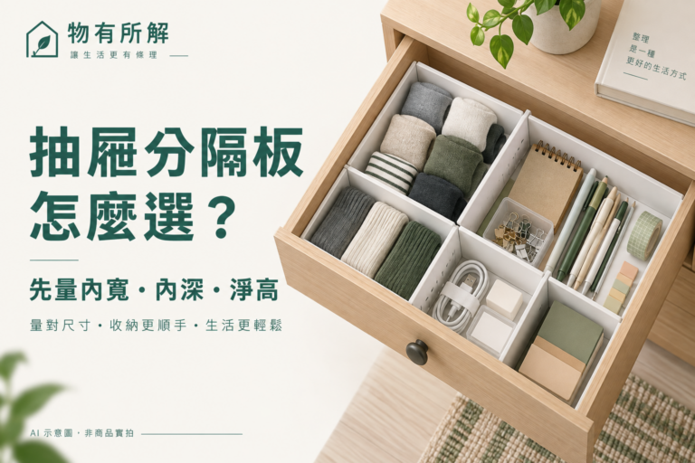 抽屜分隔板選購示意：先量內寬、內深與淨高。AI 示意圖，非商品實拍。