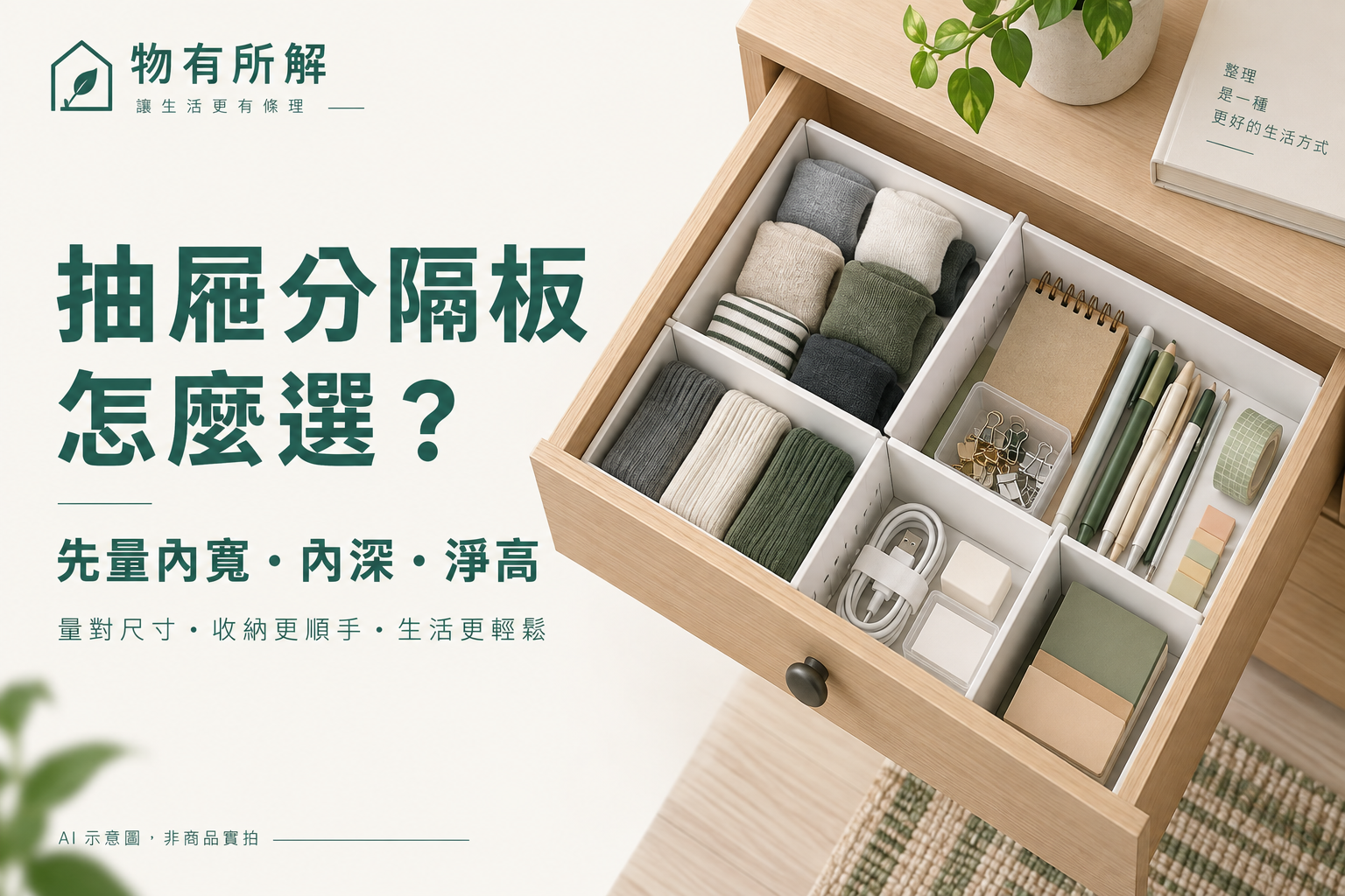 抽屜分隔板選購示意：先量內寬、內深與淨高。AI 示意圖，非商品實拍。
