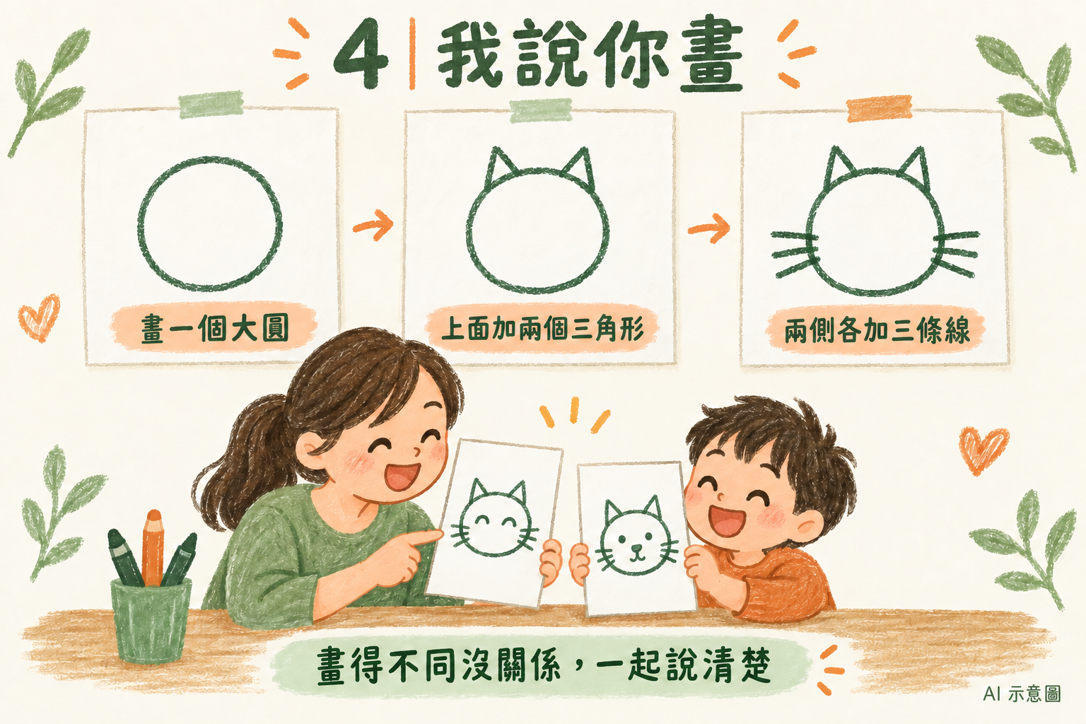 依序畫圓、加耳朵、兩側各加三條線,再比較彼此的圖。(AI 示意圖)