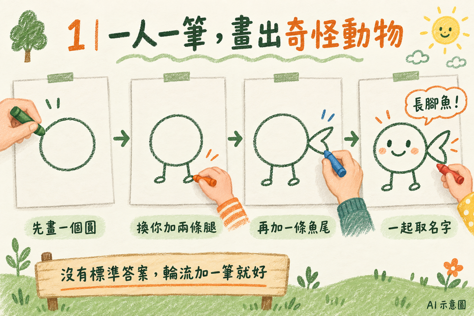 從一個圓開始,輪流添上腿與尾巴,再替動物取名字。(AI 示意圖)