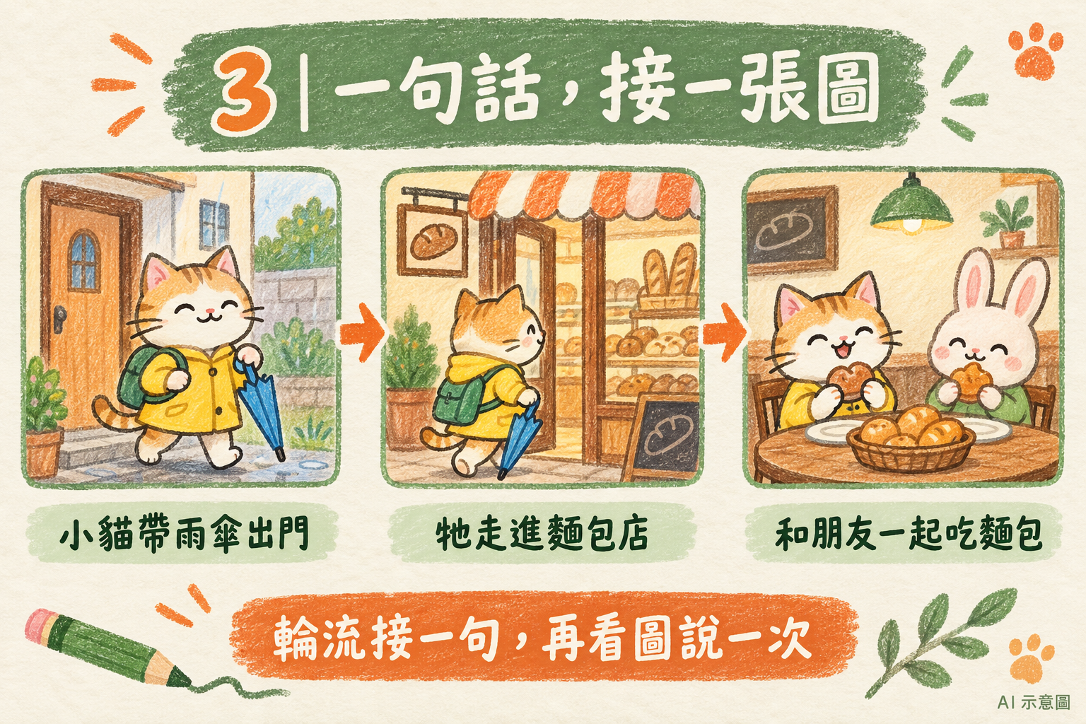 小貓出門、走進麵包店、和朋友吃麵包:每人接一句。(AI 示意圖)