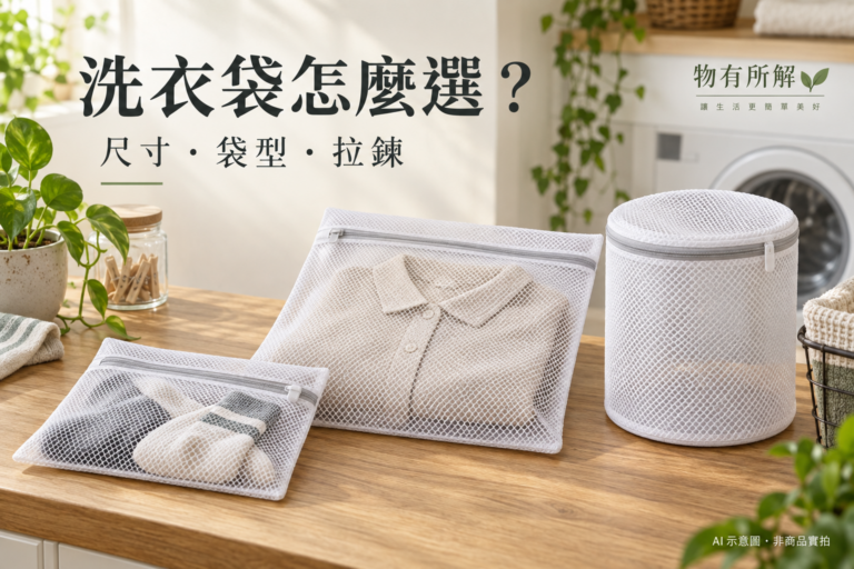 木質桌面上的不同尺寸方形與圓筒洗衣袋，示範尺寸、袋型與拉鍊的挑選方向。AI 示意圖，非商品實拍。