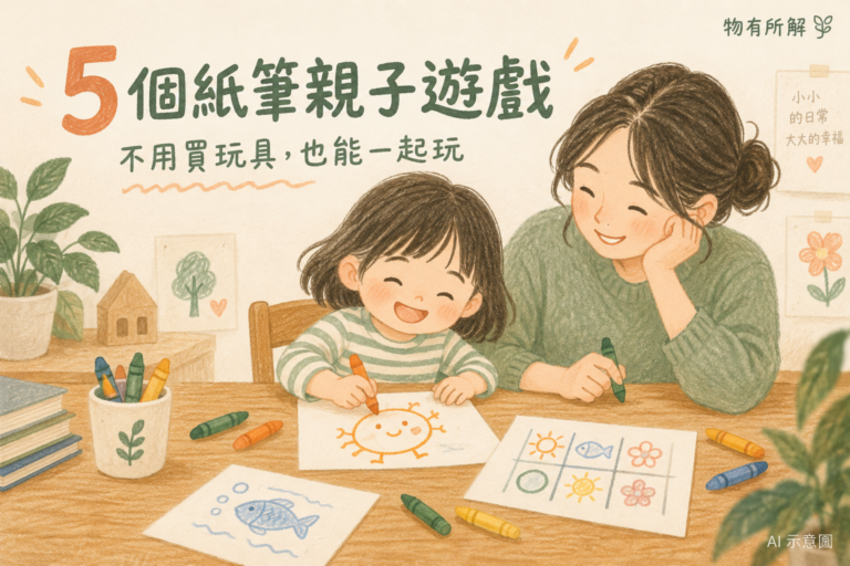大人與孩子一起用紙筆畫畫，桌上有接力畫與圖案遊戲。AI 示意圖。