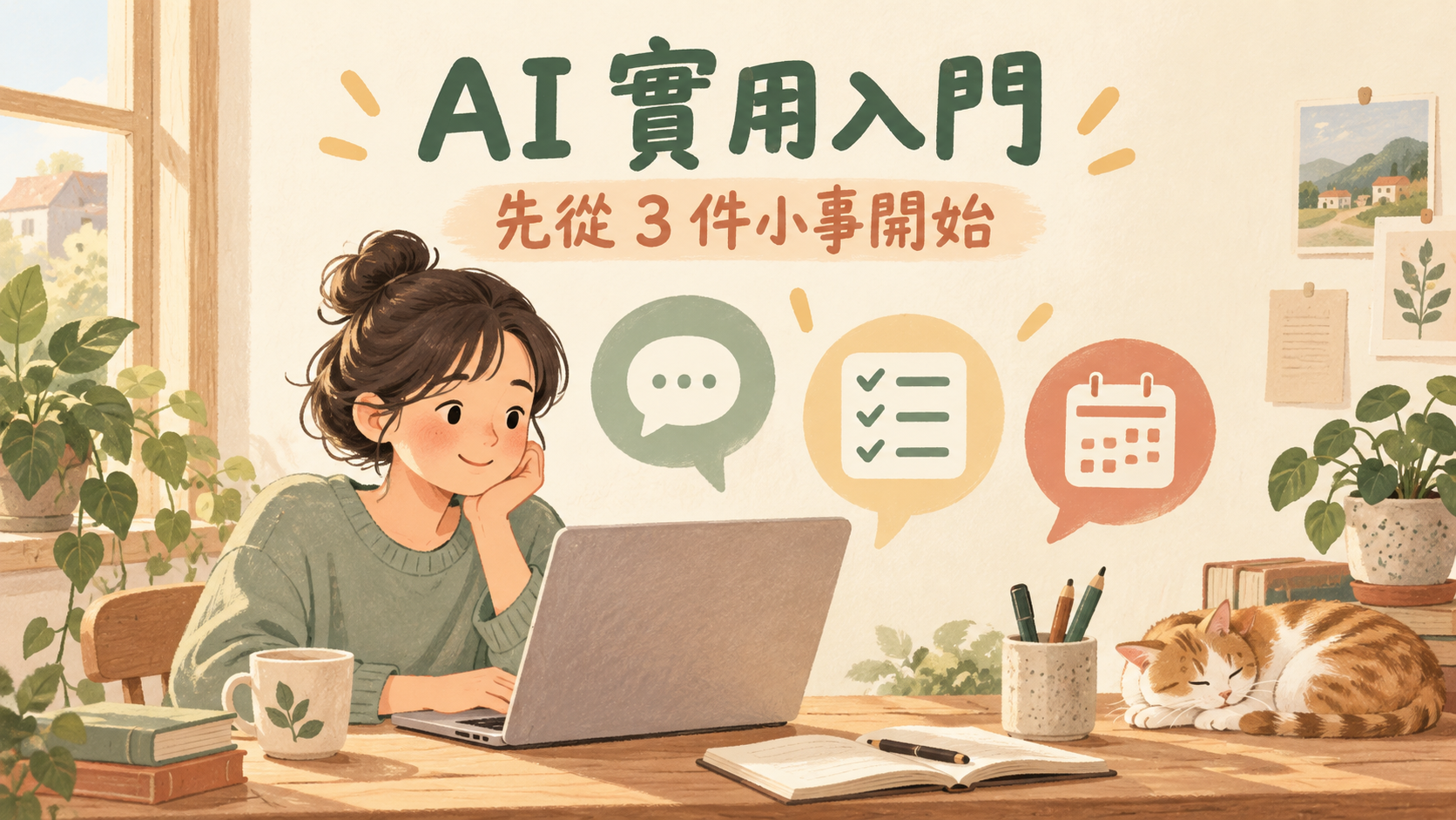 AI 實用入門：先從 3 件小事開始，人物使用筆電搭配訊息、清單與日曆圖示；AI 插畫