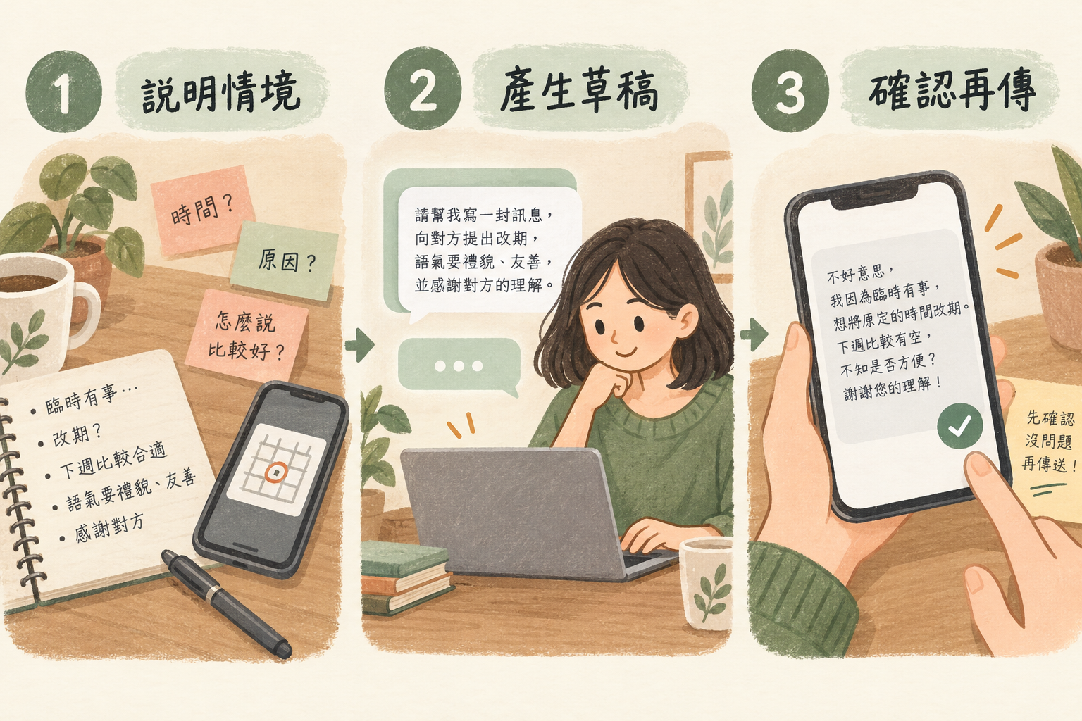 AI 寫訊息三步驟:說明情境、產生草稿、確認再傳
