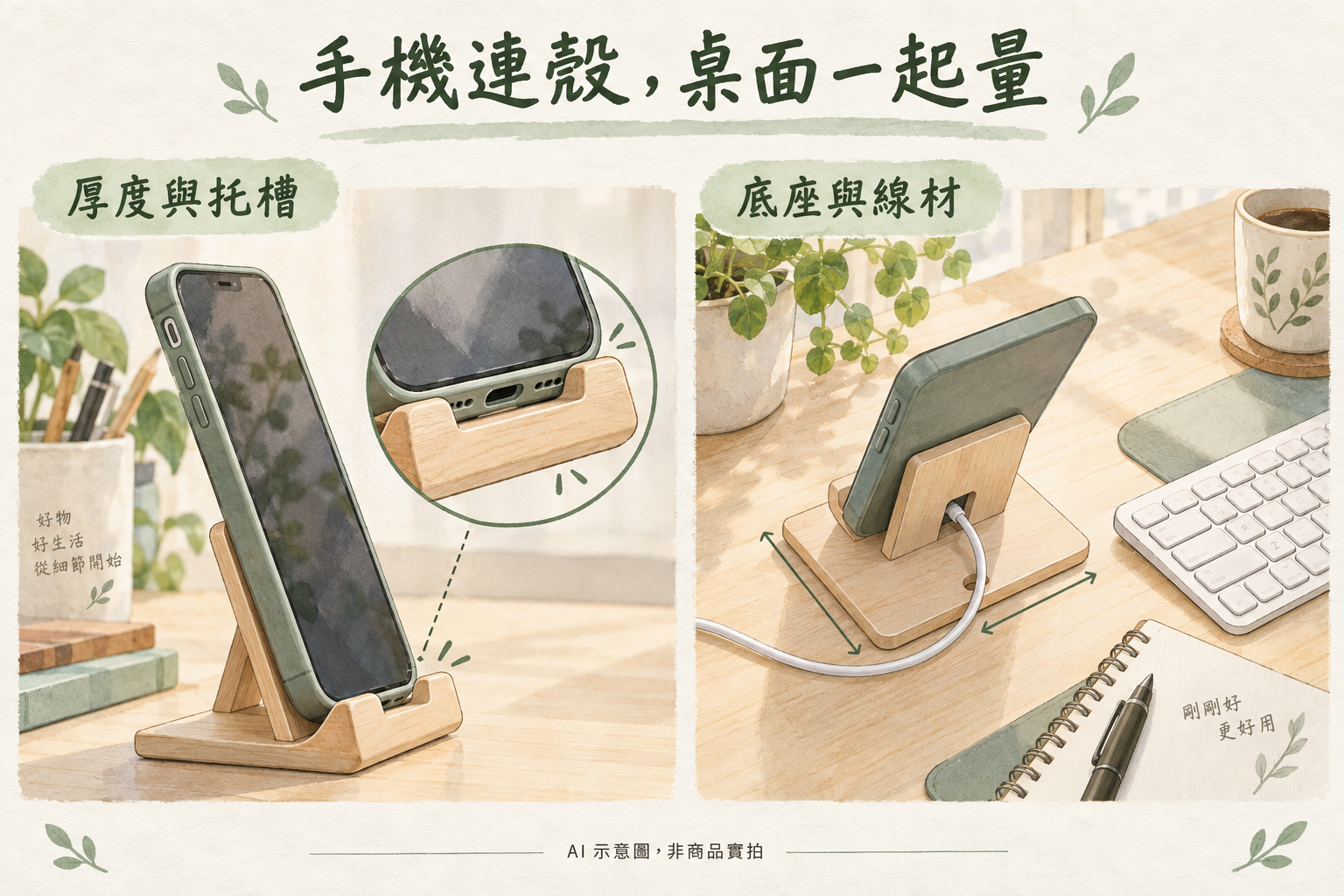 手機連殼放入托槽,檢查底座占地與充電線彎曲空間
