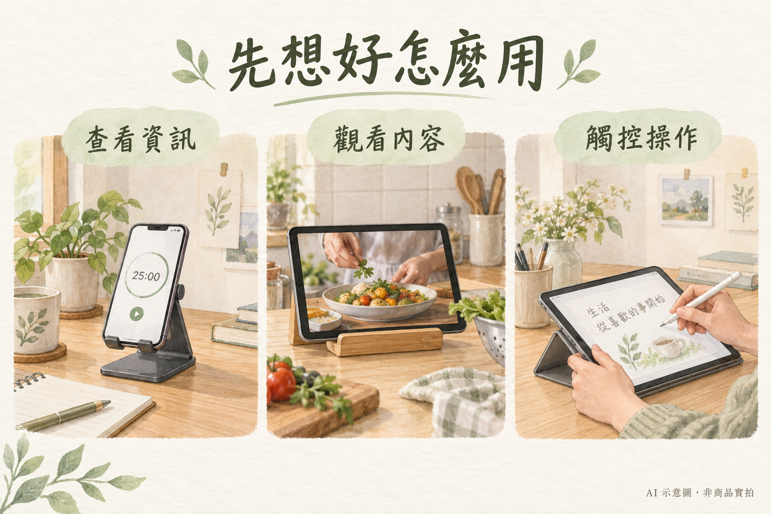 手機查看計時、平板觀看內容與低角度觸控書寫三種桌面使用情境
