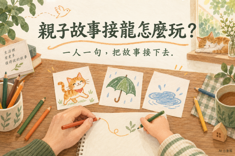 親子一起畫圖，小貓、雨傘與水坑圖卡示範故事接龍玩法。AI 示意圖。