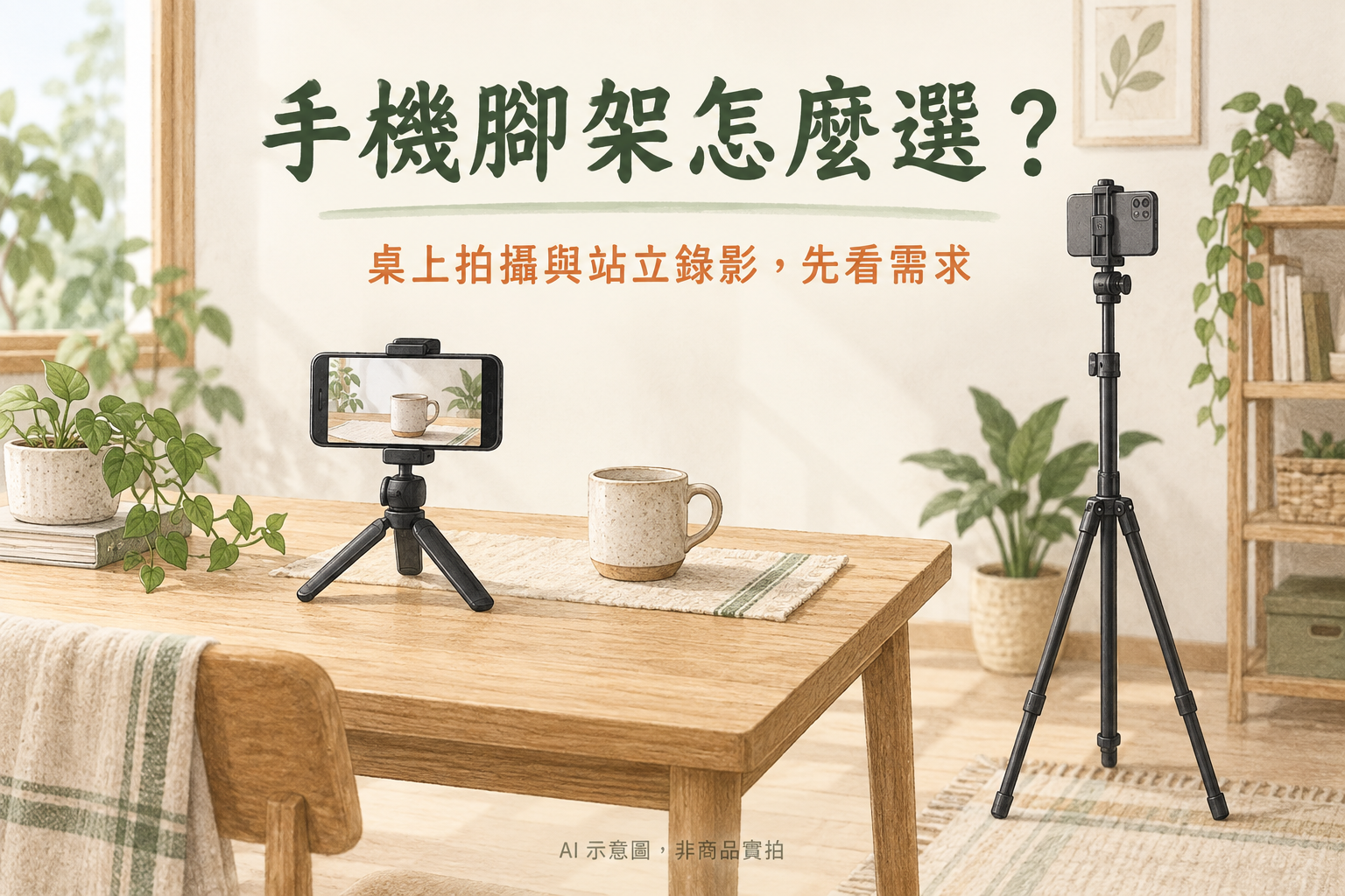 手機腳架選購：桌上拍攝與站立錄影情境，AI 示意圖