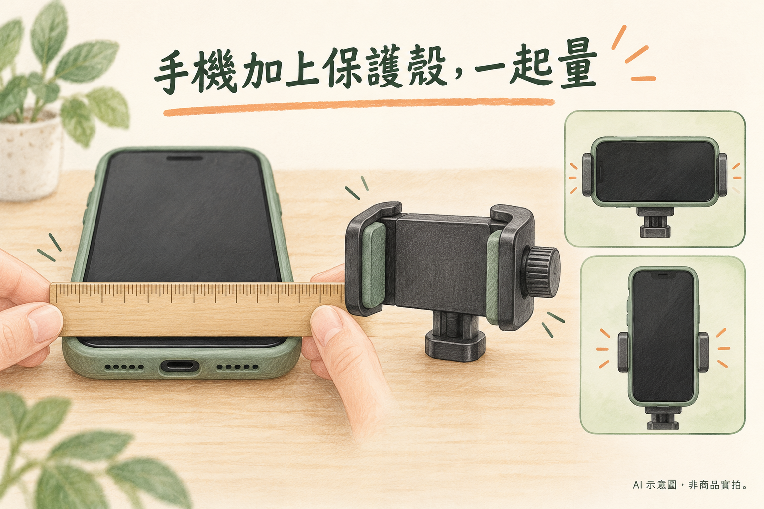 手機連保護殼量寬度,確認手機夾與直橫拍方向