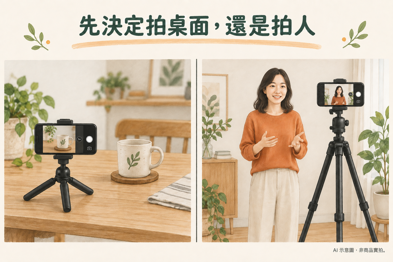 桌面小物拍攝與站立人物錄影的手機腳架位置示範