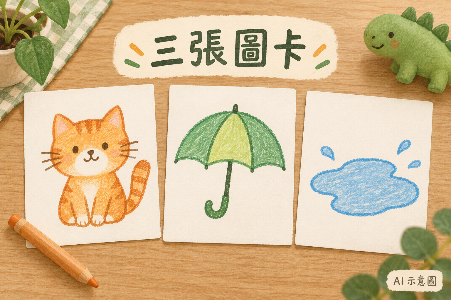 畫出角色、物品與地方:這次用小貓、雨傘和水坑。 AI 示意圖。