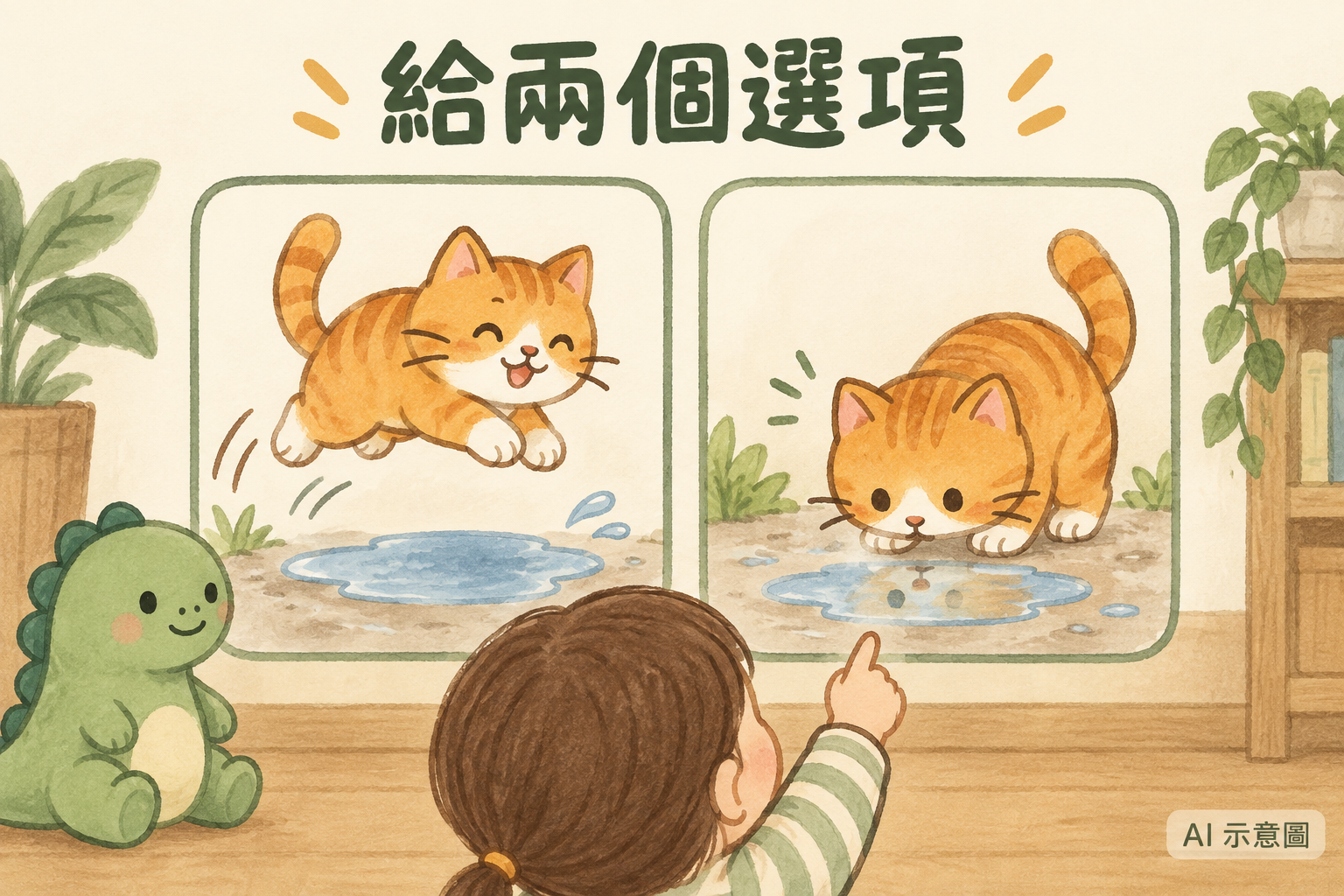 接不下去時,讓孩子選擇跳過水坑或蹲下來看看。 AI 示意圖。