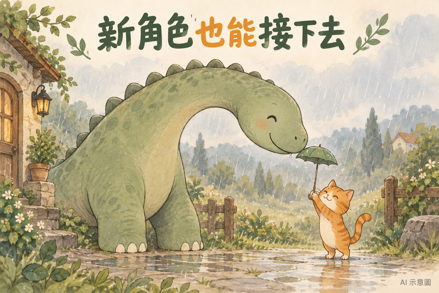 把新角色接回原本的物品:大恐龍遇見小貓的小雨傘。 AI 示意圖。