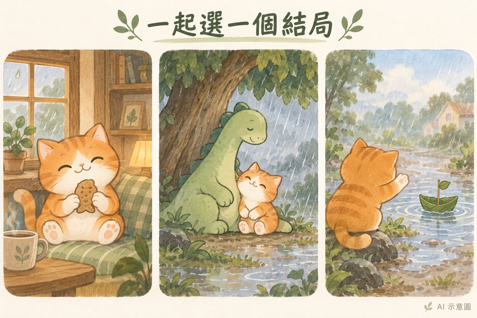 回家吃點心、一起等雨停,或向葉子船道別,都可以是結局。 AI 示意圖。