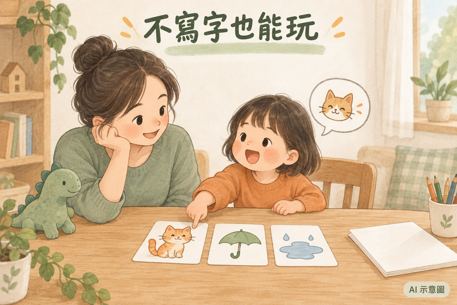 不必寫字,指圖、配音和動作也能參與故事。 AI 示意圖。