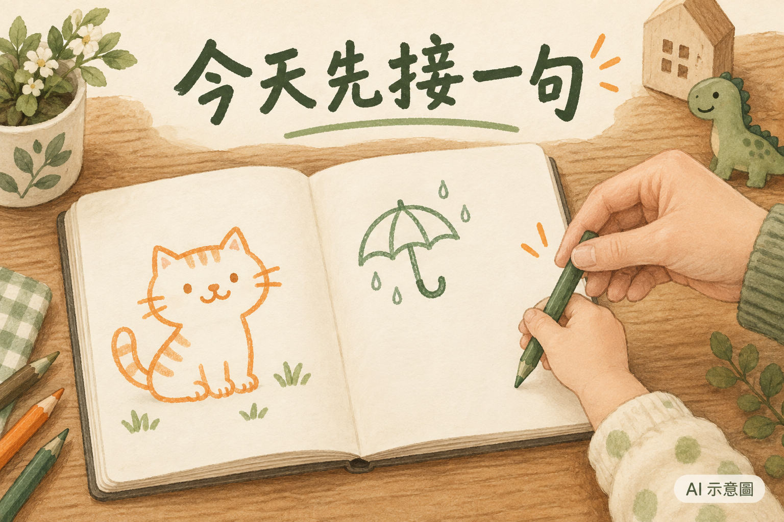 先畫一隻小貓與一把雨傘,把下一句留給孩子。 AI 示意圖。